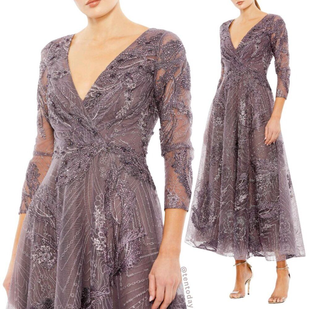 Mac Duggal Size 2 Purple Embellished 3/4 Long Sleeve V-Neck Midi Tea Dress Gown